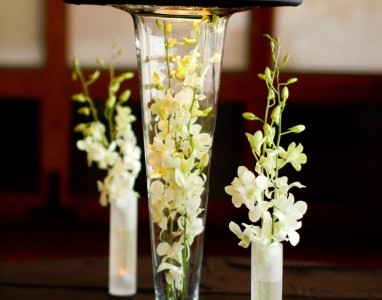 Tall Trumpet Vase with Lamp Shade and Frosted Vases